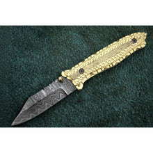 Load image into Gallery viewer, Hand-Engraved Damascus Folding Knife with Brass Handle &amp; Leather Sheath