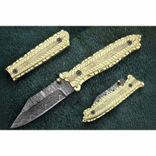 Load image into Gallery viewer, Hand-Engraved Damascus Folding Knife with Brass Handle &amp; Leather Sheath