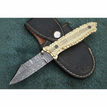 Load image into Gallery viewer, Hand-Engraved Damascus Folding Knife with Brass Handle &amp; Leather Sheath