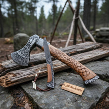 Load image into Gallery viewer, Hand Engraved Damascus Viking Axe with Carved Hardwood Handle and Matching Damascus Knife | Norse Collector Axe Set | JW SteelCrafts
