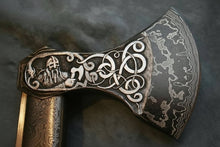 Load image into Gallery viewer, Hand Engraved Damascus Viking Axe with Carved Hardwood Handle and Matching Damascus Knife | Norse Collector Axe Set | JW SteelCrafts