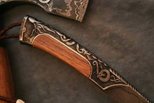 Load image into Gallery viewer, Hand Engraved Damascus Viking Axe with Carved Hardwood Handle and Matching Damascus Knife | Norse Collector Axe Set | JW SteelCrafts