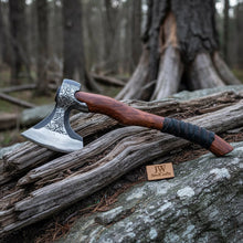 Load image into Gallery viewer, Hand-Engraved Nordic Hatchet, Polished Carbon Steel Head, Curved Hardwood Handle | JW SteelCrafts