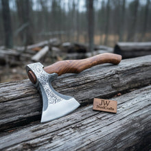 Load image into Gallery viewer, Hand-Engraved Nordic Hatchet, Polished Carbon Steel Head, Curved Hardwood Handle | JW SteelCrafts
