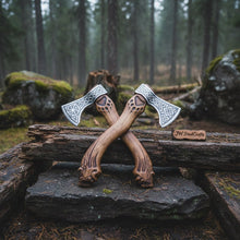 Load image into Gallery viewer, Hand Engraved Norse Viking Bearded Axe Set – Celtic Knot Steel Heads with Carved Hardwood Handles | JW SteelCrafts