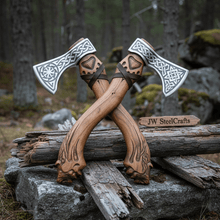 Load image into Gallery viewer, Hand Engraved Norse Viking Bearded Axe Set – Celtic Knot Steel Heads with Carved Hardwood Handles | JW SteelCrafts