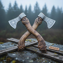 Load image into Gallery viewer, Hand Engraved Norse Viking Bearded Axe Set – Celtic Knot Steel Heads with Carved Hardwood Handles | JW SteelCrafts