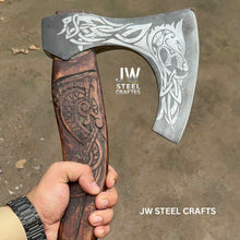 Load image into Gallery viewer, Hand-Engraved Viking Bearded Axe with Carved Hardwood Handle – Damascus Steel Blade | JW SteelCrafts