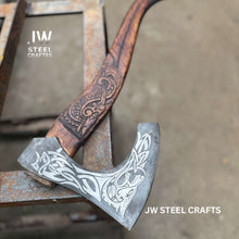 Load image into Gallery viewer, Hand-Engraved Viking Bearded Axe with Carved Hardwood Handle – Damascus Steel Blade | JW SteelCrafts