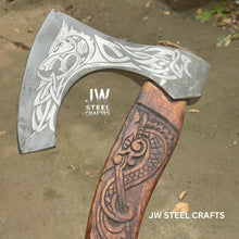 Load image into Gallery viewer, Hand-Engraved Viking Bearded Axe with Carved Hardwood Handle – Damascus Steel Blade | JW SteelCrafts