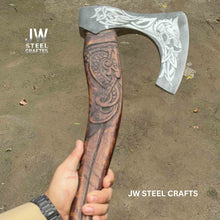 Load image into Gallery viewer, Hand-Engraved Viking Bearded Axe with Carved Hardwood Handle – Damascus Steel Blade | JW SteelCrafts