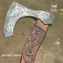 Load image into Gallery viewer, Hand-Engraved Viking Bearded Axe with Carved Hardwood Handle – Damascus Steel Blade | JW SteelCrafts