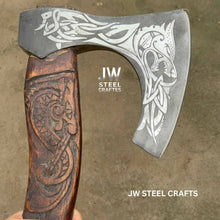 Load image into Gallery viewer, Hand-Engraved Viking Bearded Axe with Carved Hardwood Handle – Damascus Steel Blade | JW SteelCrafts