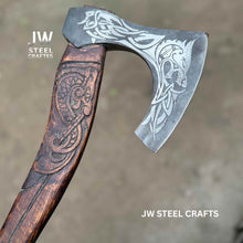 Load image into Gallery viewer, Hand-Engraved Viking Bearded Axe with Carved Hardwood Handle – Damascus Steel Blade | JW SteelCrafts