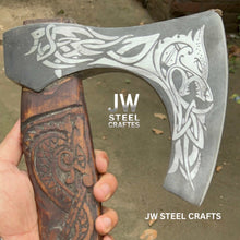 Load image into Gallery viewer, Hand-Engraved Viking Bearded Axe with Carved Hardwood Handle – Damascus Steel Blade | JW SteelCrafts