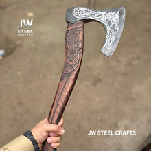 Load image into Gallery viewer, Hand-Engraved Viking Bearded Axe with Carved Hardwood Handle – Damascus Steel Blade | JW SteelCrafts