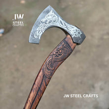 Load image into Gallery viewer, Hand-Engraved Viking Bearded Axe with Carved Hardwood Handle – Damascus Steel Blade | JW SteelCrafts