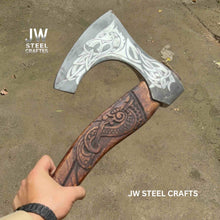 Load image into Gallery viewer, Hand-Engraved Viking Bearded Axe with Carved Hardwood Handle – Damascus Steel Blade | JW SteelCrafts