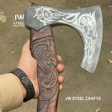Load image into Gallery viewer, Hand-Engraved Viking Bearded Axe with Carved Hardwood Handle – Damascus Steel Blade | JW SteelCrafts