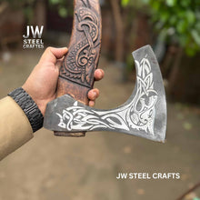 Load image into Gallery viewer, Hand-Engraved Viking Bearded Axe with Carved Hardwood Handle – Damascus Steel Blade | JW SteelCrafts