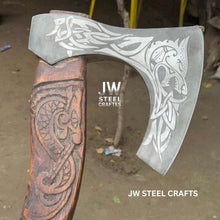 Load image into Gallery viewer, Hand-Engraved Viking Bearded Axe with Carved Hardwood Handle – Damascus Steel Blade | JW SteelCrafts