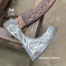 Load image into Gallery viewer, Hand-Engraved Viking Bearded Axe with Carved Hardwood Handle – Damascus Steel Blade | JW SteelCrafts