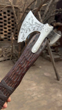 Load image into Gallery viewer, Hand Engraved Viking Double-Bit Axe with Carved Hardwood Handle and Norse Rune Detailing | Handmade Damascus Steel Collector Axe | JW SteelCrafts