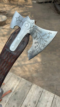 Load image into Gallery viewer, Hand Engraved Viking Double-Bit Axe with Carved Hardwood Handle and Norse Rune Detailing | Handmade Damascus Steel Collector Axe | JW SteelCrafts