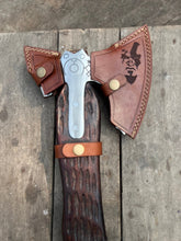 Load image into Gallery viewer, Hand Engraved Viking Double-Bit Axe with Carved Hardwood Handle and Norse Rune Detailing | Handmade Damascus Steel Collector Axe | JW SteelCrafts