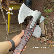 Load image into Gallery viewer, Hand Engraved Viking Double-Bit Axe with Carved Hardwood Handle and Norse Rune Detailing | Handmade Damascus Steel Collector Axe | JW SteelCrafts