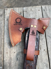 Load image into Gallery viewer, Hand Engraved Viking Double-Bit Axe with Carved Hardwood Handle and Norse Rune Detailing | Handmade Damascus Steel Collector Axe | JW SteelCrafts