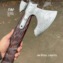 Load image into Gallery viewer, Hand Engraved Viking Double-Bit Axe with Carved Hardwood Handle and Norse Rune Detailing | Handmade Damascus Steel Collector Axe | JW SteelCrafts