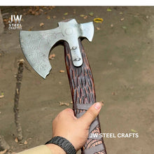 Load image into Gallery viewer, Hand Engraved Viking Double-Bit Axe with Carved Hardwood Handle and Norse Rune Detailing | Handmade Damascus Steel Collector Axe | JW SteelCrafts
