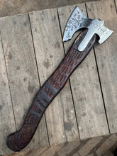 Load image into Gallery viewer, Hand Engraved Viking Double-Bit Axe with Carved Hardwood Handle and Norse Rune Detailing | Handmade Damascus Steel Collector Axe | JW SteelCrafts
