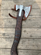 Load image into Gallery viewer, Hand Engraved Viking Double-Bit Axe with Carved Hardwood Handle and Norse Rune Detailing | Handmade Damascus Steel Collector Axe | JW SteelCrafts