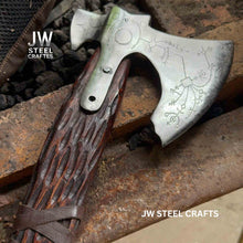 Load image into Gallery viewer, Hand Engraved Viking Double-Bit Axe with Carved Hardwood Handle and Norse Rune Detailing | Handmade Damascus Steel Collector Axe | JW SteelCrafts
