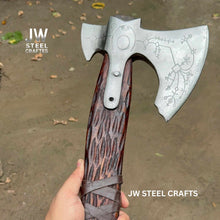 Load image into Gallery viewer, Hand Engraved Viking Double-Bit Axe with Carved Hardwood Handle and Norse Rune Detailing | Handmade Damascus Steel Collector Axe | JW SteelCrafts