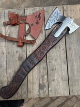 Load image into Gallery viewer, Hand Engraved Viking Double-Bit Axe with Carved Hardwood Handle and Norse Rune Detailing | Handmade Damascus Steel Collector Axe | JW SteelCrafts