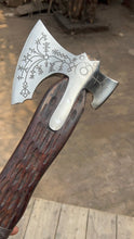 Load image into Gallery viewer, Hand Engraved Viking Double-Bit Axe with Carved Hardwood Handle and Norse Rune Detailing | Handmade Damascus Steel Collector Axe | JW SteelCrafts