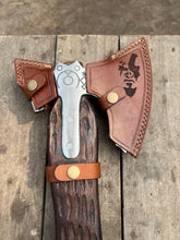 Load image into Gallery viewer, Hand Engraved Viking Double-Bit Axe with Carved Hardwood Handle and Norse Rune Detailing | Handmade Damascus Steel Collector Axe | JW SteelCrafts
