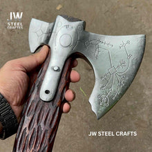 Load image into Gallery viewer, Hand Engraved Viking Double-Bit Axe with Carved Hardwood Handle and Norse Rune Detailing | Handmade Damascus Steel Collector Axe | JW SteelCrafts