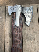 Load image into Gallery viewer, Hand Engraved Viking Double-Bit Axe with Carved Hardwood Handle and Norse Rune Detailing | Handmade Damascus Steel Collector Axe | JW SteelCrafts