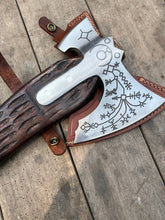 Load image into Gallery viewer, Hand Engraved Viking Double-Bit Axe with Carved Hardwood Handle and Norse Rune Detailing | Handmade Damascus Steel Collector Axe | JW SteelCrafts