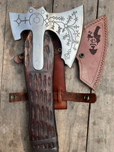 Load image into Gallery viewer, Hand Engraved Viking Double-Bit Axe with Carved Hardwood Handle and Norse Rune Detailing | Handmade Damascus Steel Collector Axe | JW SteelCrafts