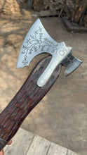 Load image into Gallery viewer, Hand Engraved Viking Double-Bit Axe with Carved Hardwood Handle and Norse Rune Detailing | Handmade Damascus Steel Collector Axe | JW SteelCrafts