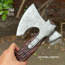 Load image into Gallery viewer, Hand Engraved Viking Double-Bit Axe with Carved Hardwood Handle and Norse Rune Detailing | Handmade Damascus Steel Collector Axe | JW SteelCrafts