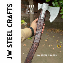 Load image into Gallery viewer, Hand Engraved Viking Double-Bit Axe with Carved Hardwood Handle and Norse Rune Detailing | Handmade Damascus Steel Collector Axe | JW SteelCrafts