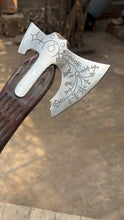 Load image into Gallery viewer, Hand Engraved Viking Double-Bit Axe with Carved Hardwood Handle and Norse Rune Detailing | Handmade Damascus Steel Collector Axe | JW SteelCrafts