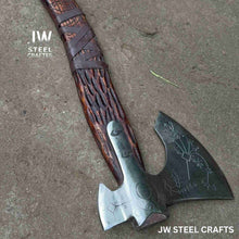 Load image into Gallery viewer, Hand Engraved Viking Double-Bit Axe with Carved Hardwood Handle and Norse Rune Detailing | Handmade Damascus Steel Collector Axe | JW SteelCrafts
