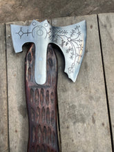 Load image into Gallery viewer, Hand Engraved Viking Double-Bit Axe with Carved Hardwood Handle and Norse Rune Detailing | Handmade Damascus Steel Collector Axe | JW SteelCrafts